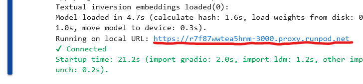 Notebook output showing the web UI running on a proxy.Runpod.net URL with a Connected status