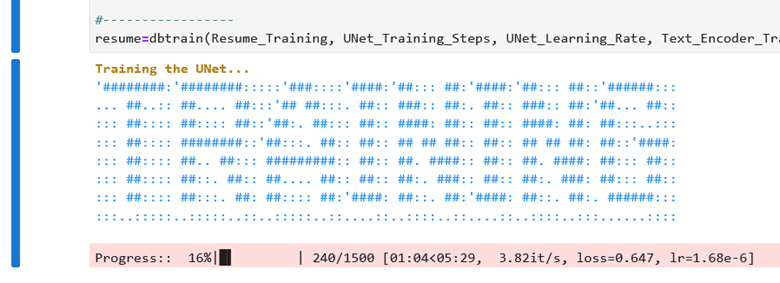 Notebook output of DreamBooth UNet training in progress at 16%, step 240 of 1500