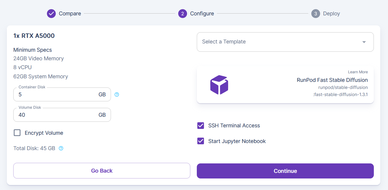 Runpod configure step for an RTX A5000 pod with the Fast Stable Diffusion template and disk settings