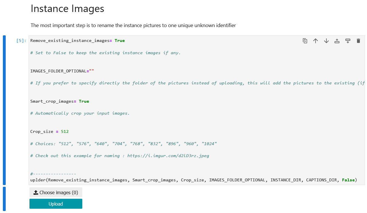 Instance Images notebook cell with smart crop settings and a Choose images upload button