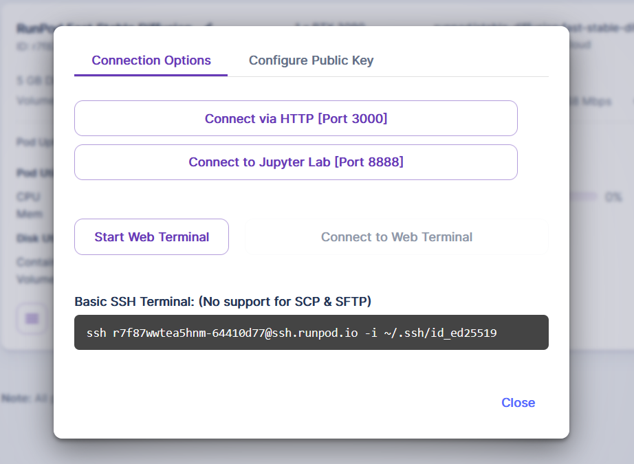 Runpod connection options with HTTP, Jupyter Lab, web terminal, and a basic SSH command