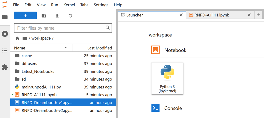 JupyterLab file browser in /workspace listing Dreambooth notebooks next to the launcher tab
