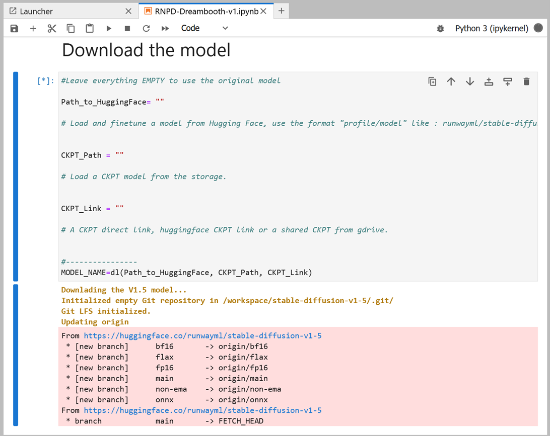 Jupyter notebook cell downloading the Stable Diffusion v1.5 model from Hugging Face in the DreamBooth notebook