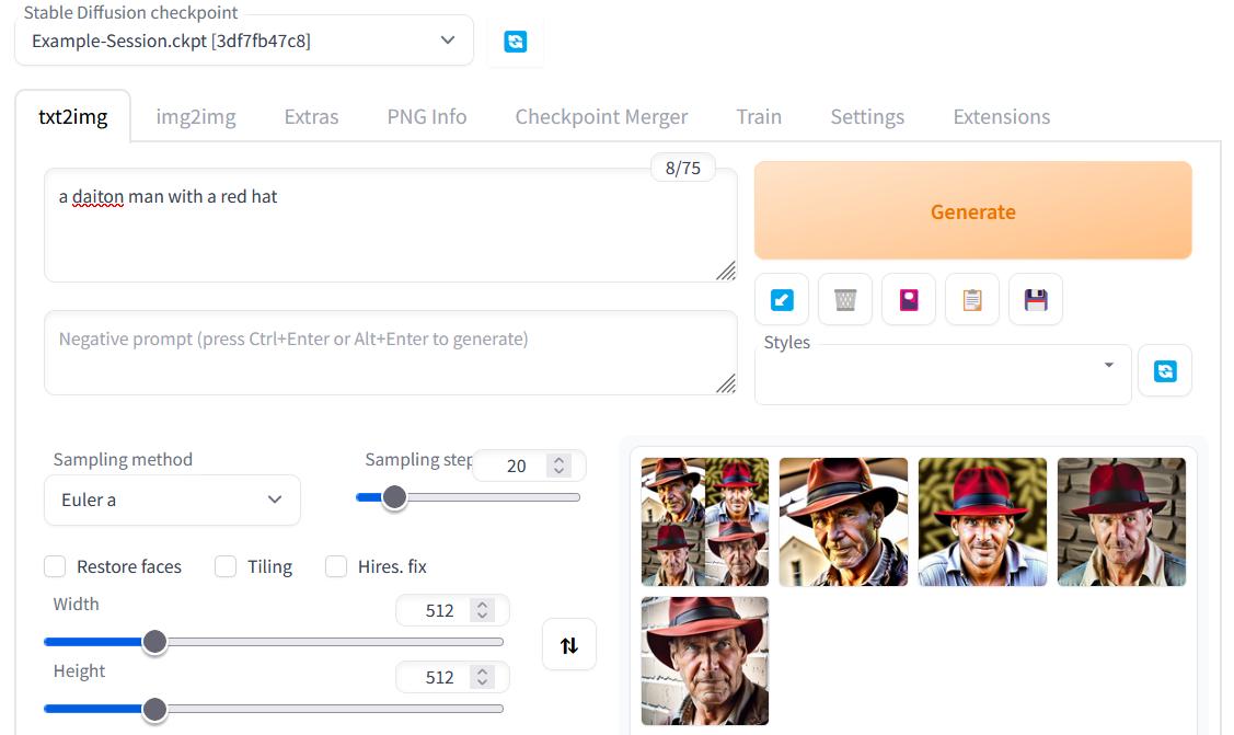 Stable Diffusion web UI generating images of 'a daiton man with a red hat' from the trained checkpoint
