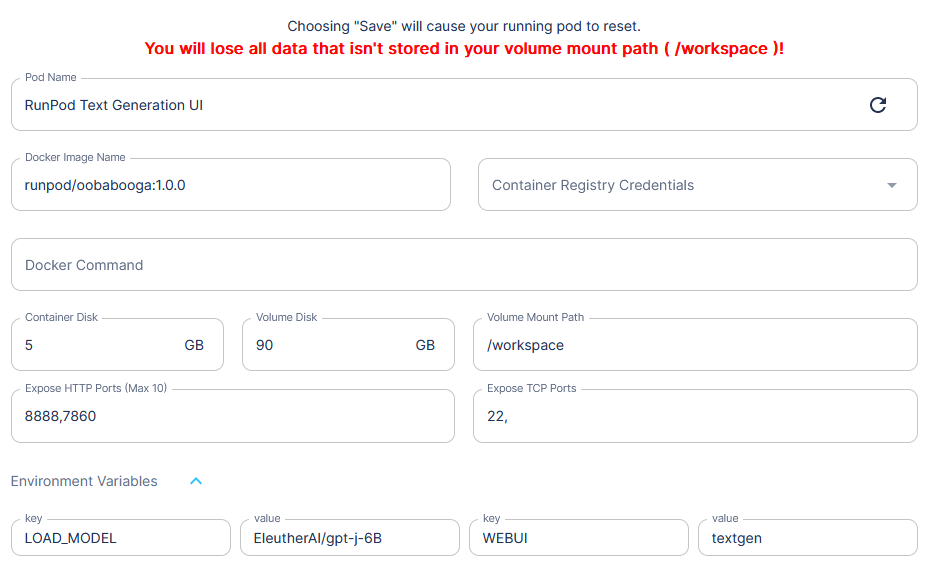 changing pod parameters in Set Up a Chatbot with Oobabooga on Runpod
