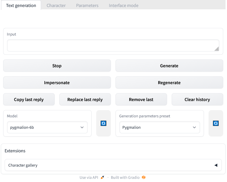 Oobabooga Text Generation WebUI with the pygmalion-6B model loaded and generation control buttons