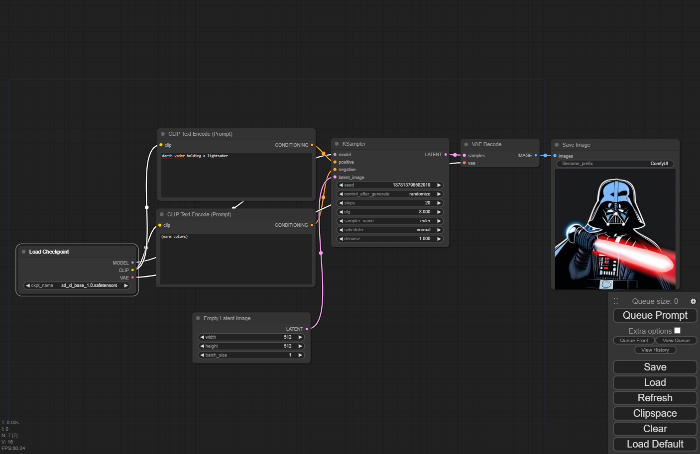 ComfyUI node graph generating an image of Darth Vader with a red lightsaber, Queue Prompt menu at right