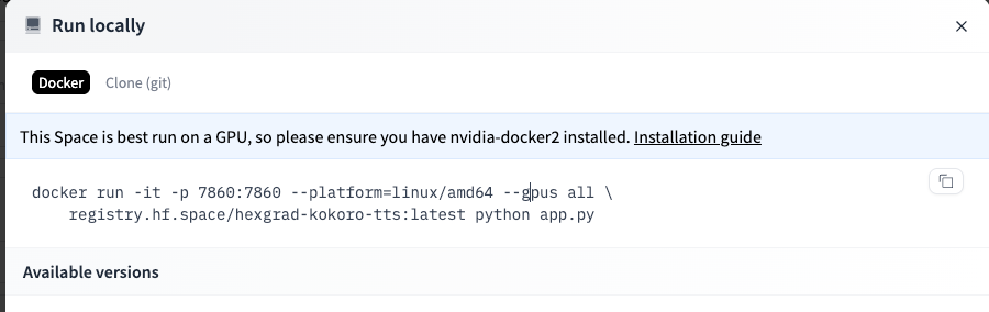 Hugging Face Run locally dialog with a docker run command for the Kokoro TTS Space image