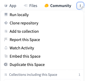 Hugging Face Space options menu with Run locally, Clone repository, and Duplicate this Space