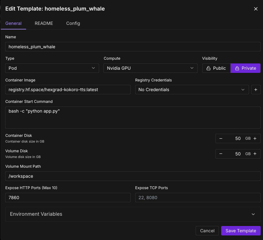 Runpod template editor with the Kokoro TTS container image and HTTP port 7860 configured