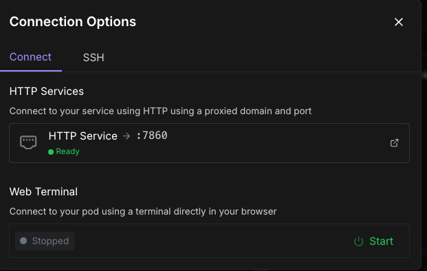 Runpod connection options with an HTTP service ready on port 7860 and a stopped web terminal
