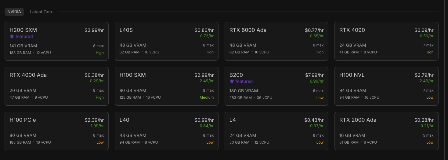 Runpod GPU selection grid listing NVIDIA GPUs like H200 SXM and RTX 4090 with hourly prices and availability
