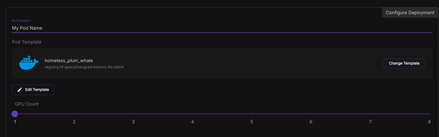Runpod pod deployment configuration with a template selected and the GPU count slider set to 1