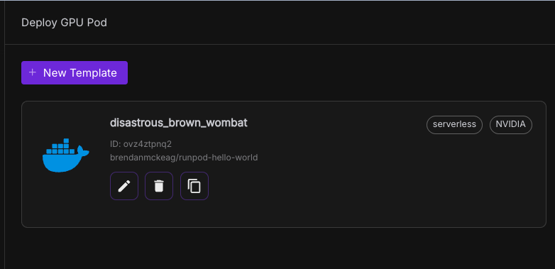 Runpod Deploy GPU Pod page showing a custom template card and a New Template button