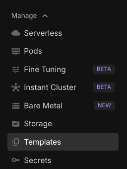 Runpod console sidebar with Templates selected under the Manage menu