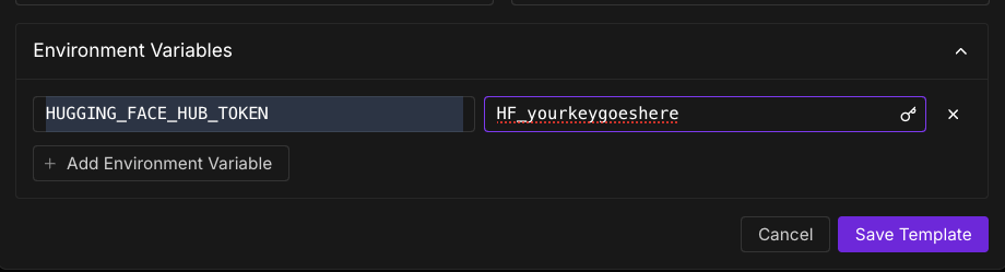 Template environment variables section with HUGGING_FACE_HUB_TOKEN set to a placeholder key