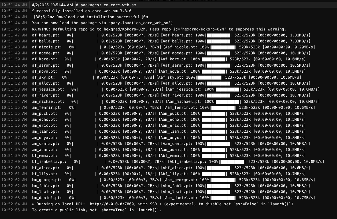 Pod logs showing Kokoro TTS voice files downloading and the app starting on port 7860