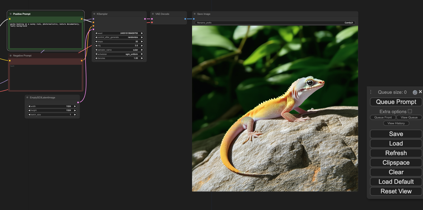ComfyUI node graph with a generated image of an orange gecko on a rock
