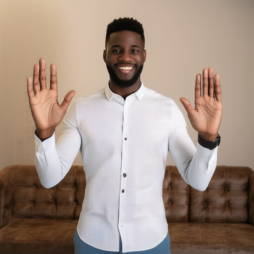Prompt: "a man holding his hands up and smiling"