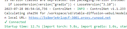 Stable Diffusion web UI launch log showing a proxy.Runpod.net URL and 12.7s startup time
