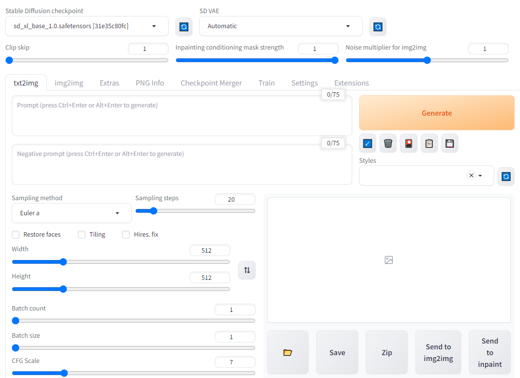 Stable Diffusion web UI txt2img tab with the sd_xl_base_1.0 checkpoint selected