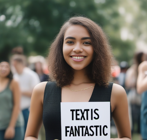 AI-generated photo of a smiling woman holding a sign reading 'Text is fantastic'
