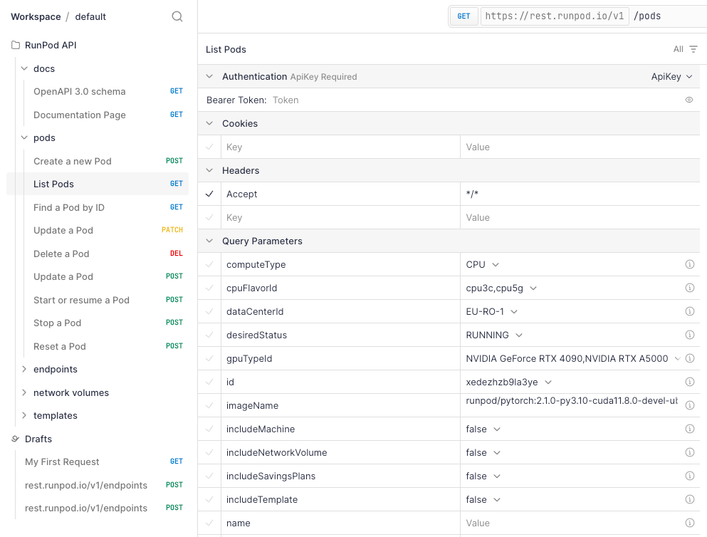 API client showing the Runpod REST API List Pods endpoint with query parameters like gpuTypeId and dataCenterId