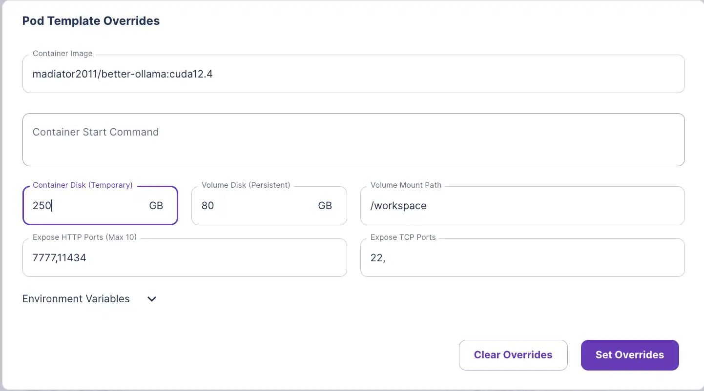 Runpod pod template overrides form with an Ollama container image and 250 GB container disk