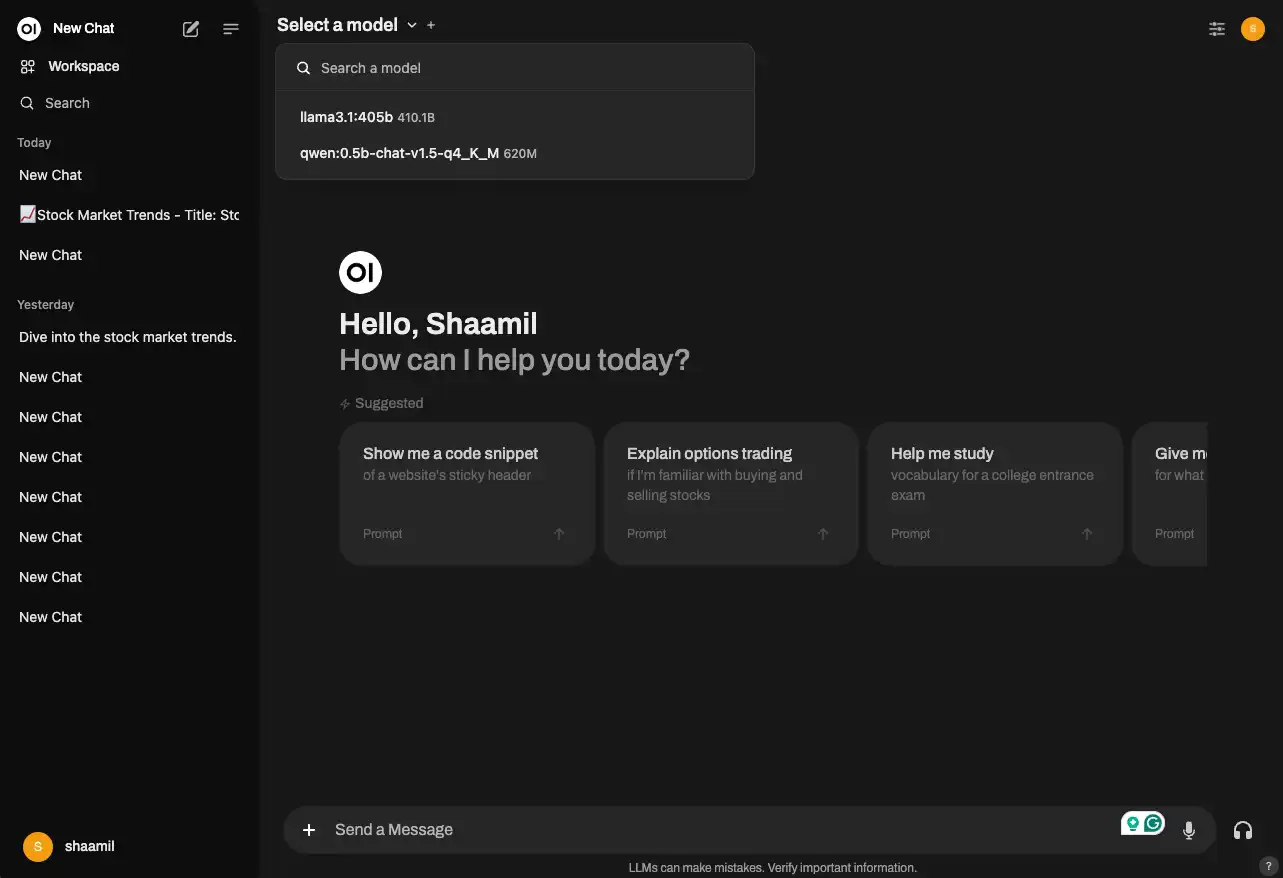 Open WebUI chat interface with the model selector listing llama3.1:405B