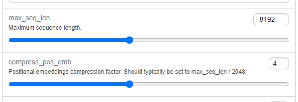 Settings sliders with max_seq_len set to 8192 and compress_pos_emb set to 4