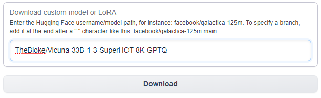 Model download field in text-generation-webui with TheBloke/Vicuna-33B-1-3-SuperHOT-8K-GPTQ entered