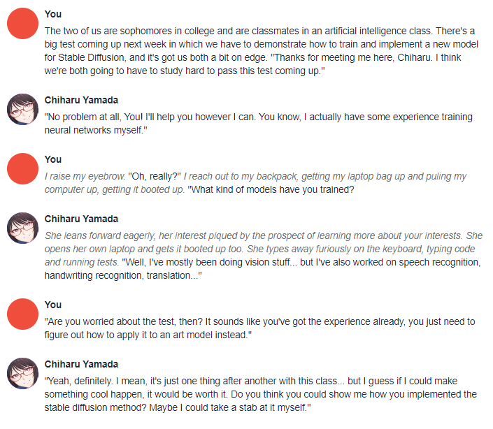 Oobabooga chat roleplay between You and Chiharu Yamada about training a Stable Diffusion model