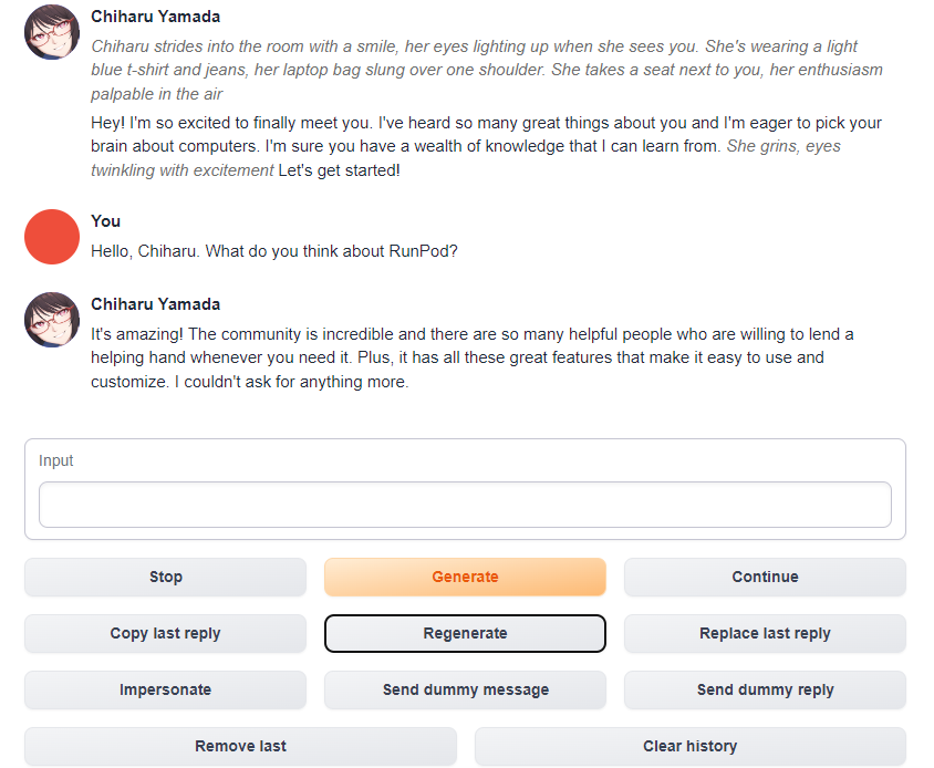 Oobabooga chat with character Chiharu Yamada answering a question about Runpod