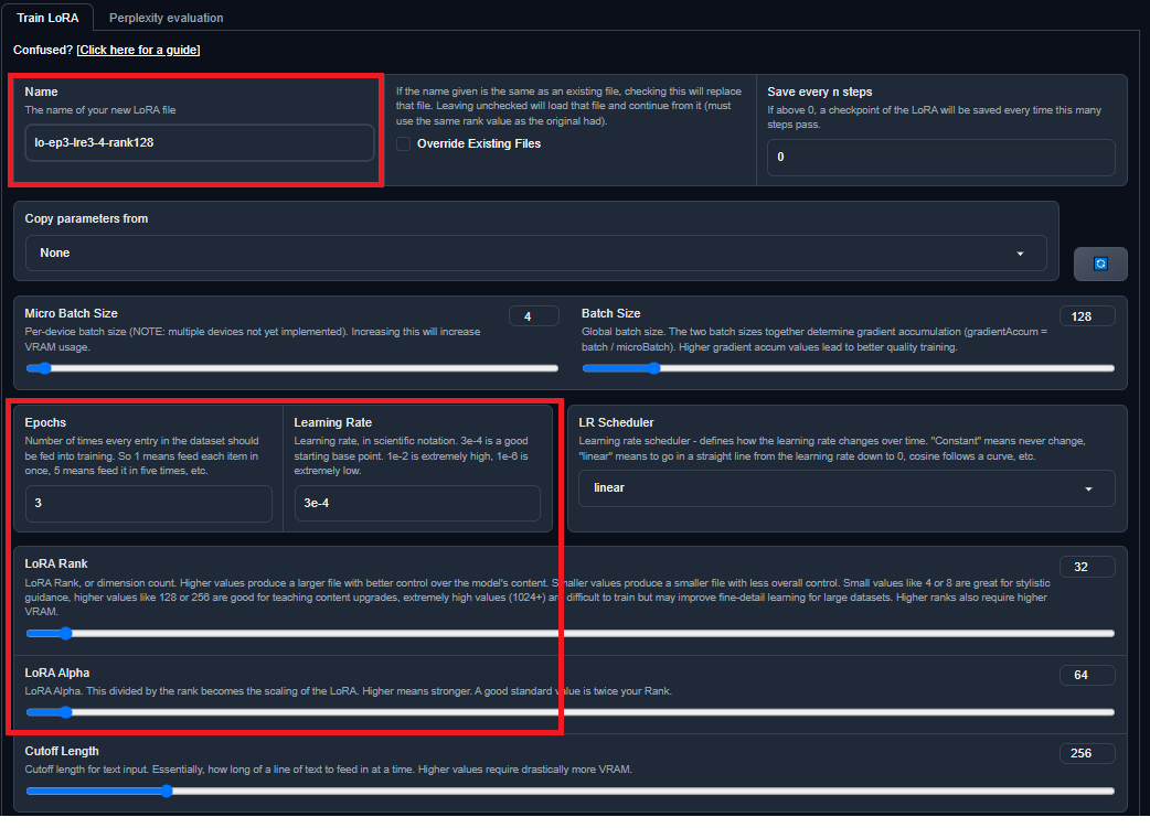 Oobabooga Train LoRA tab highlighting the name, epochs, learning rate, LoRA rank, and alpha settings