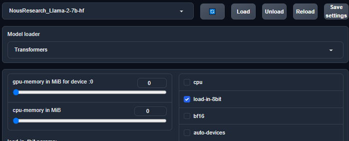 Oobabooga model tab loading NousResearch Llama-2-7B-hf with the Transformers loader and load-in-8bit checked