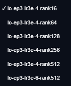Dropdown list of trained LoRA files at ranks 16 through 512 with rank16 selected