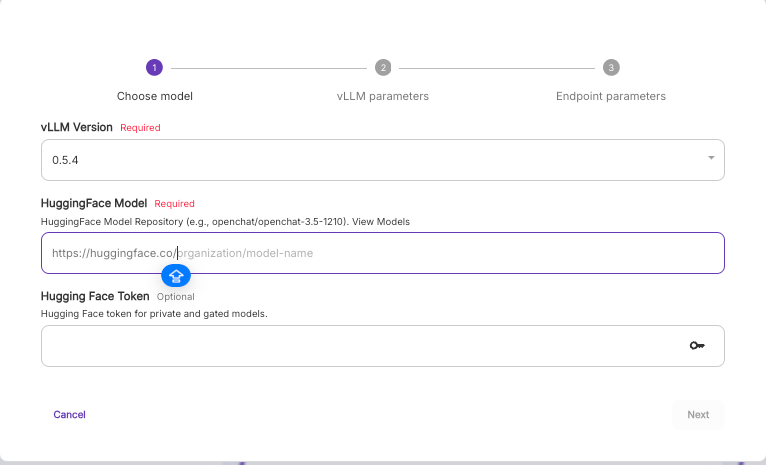 Runpod vLLM quick deploy wizard on the Choose Model step with Hugging Face model and token fields