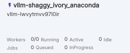 Runpod serverless endpoint card for a vLLM deployment showing worker and job counts at zero