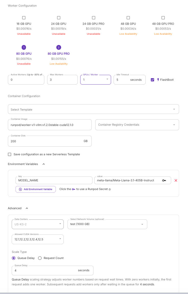 Runpod endpoint config with 80 GB GPUs, vLLM worker image, and MODEL_NAME set to Meta-Llama-3.1-405B-Instruct