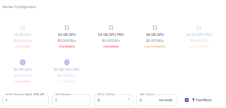 Runpod worker configuration selecting 80 GB GPUs with 4 GPUs per worker and FlashBoot enabled