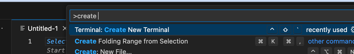 VS Code command palette with Terminal: Create New Terminal highlighted