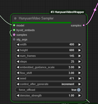 ComfyUI HunyuanVideo Sampler node showing width, height, frame count, steps, and seed settings