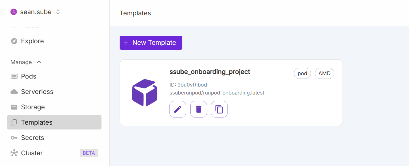 Runpod console Templates page showing the ssube_onboarding_project pod template with an AMD tag