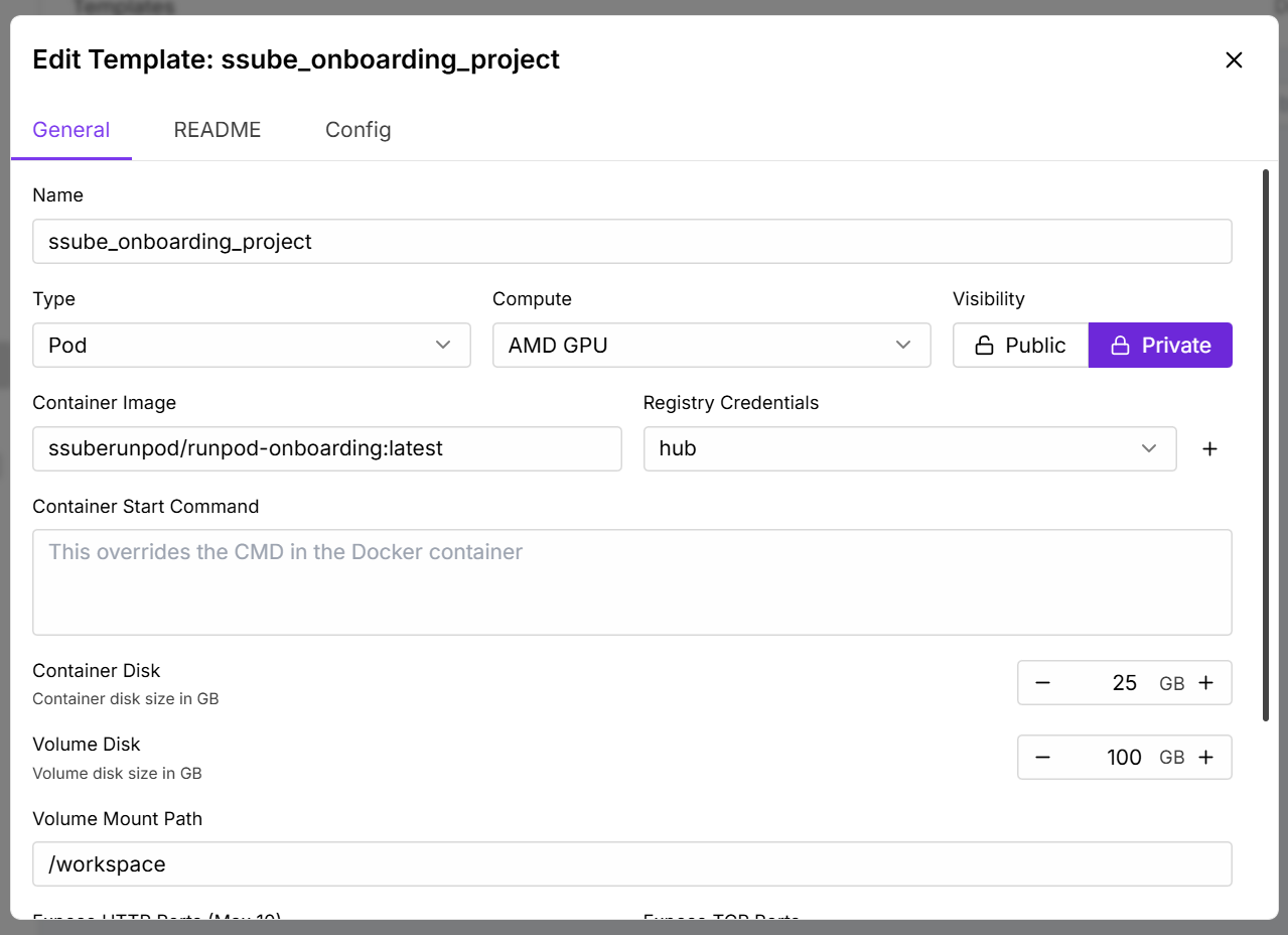 Edit Template modal with Pod type, AMD GPU compute, container image, and disk size fields