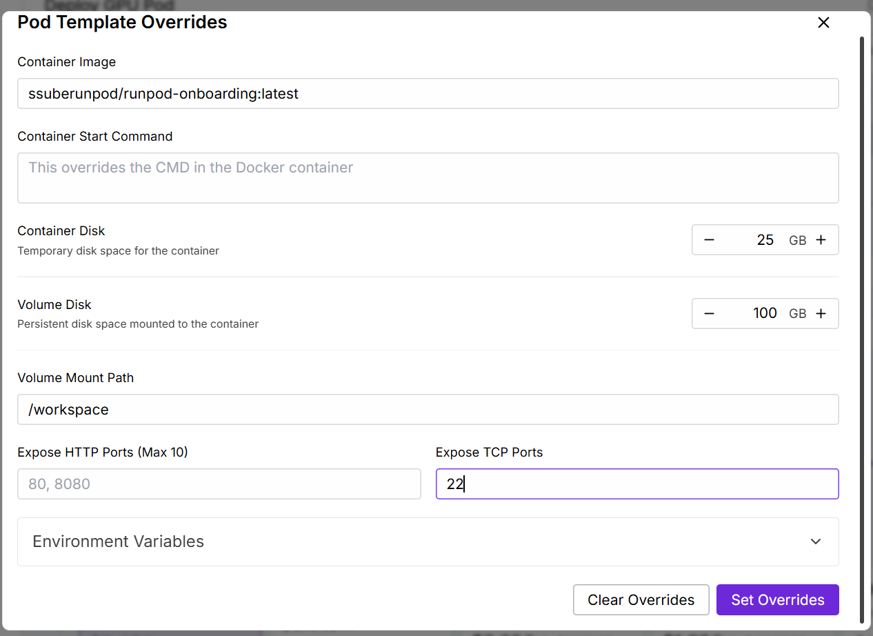 Pod Template Overrides modal with disk sizes, /workspace mount path, and TCP port 22 exposed