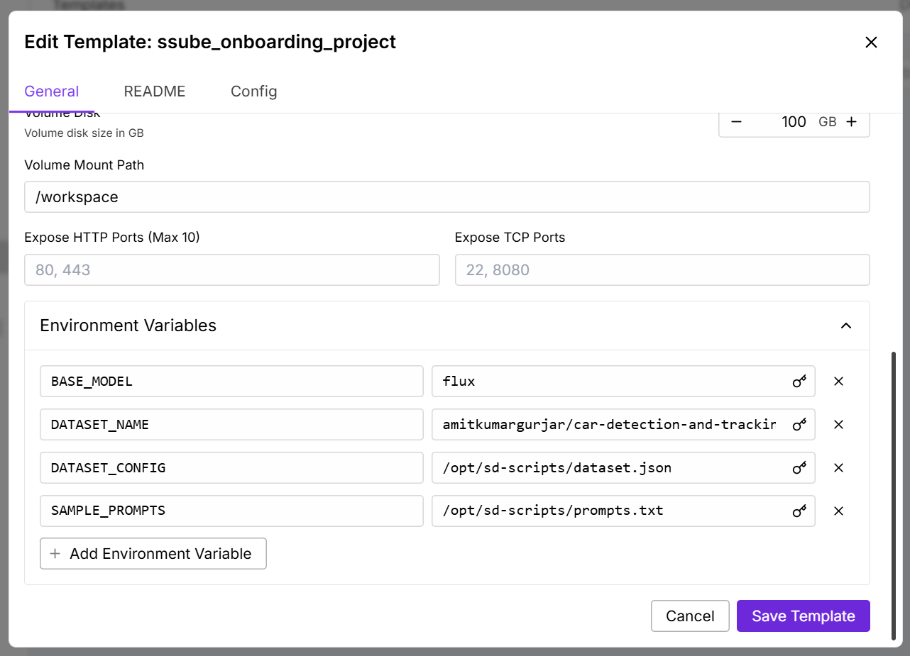 Template environment variables including BASE_MODEL set to flux plus dataset and prompt file paths