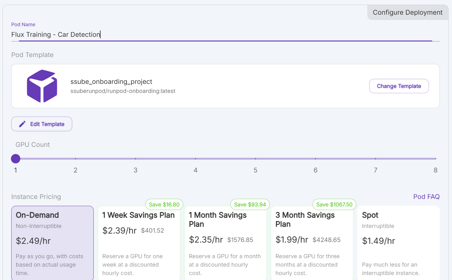 Pod deployment screen named Flux Training - Car Detection with GPU count slider and pricing plan options