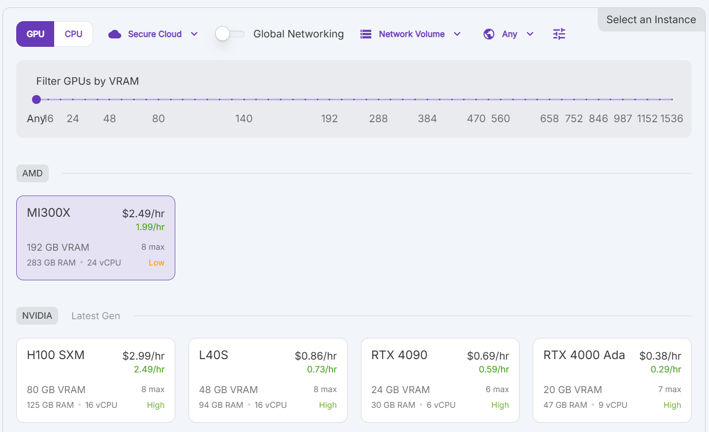 GPU selection screen listing the AMD MI300X with 192 GB VRAM alongside NVIDIA H100, L40S, and RTX options