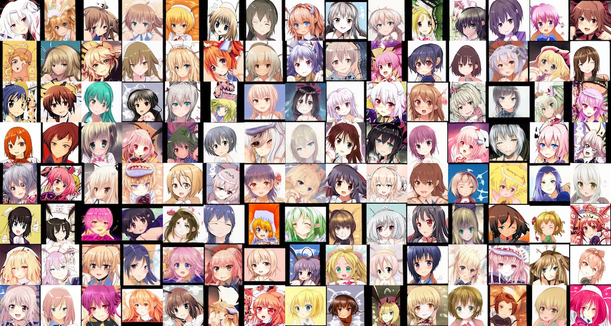 Grid of StyleGAN3-generated anime faces after additional training iterations