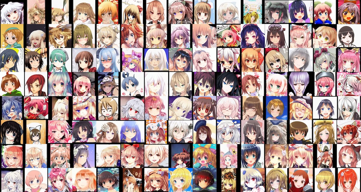 Grid of anime faces generated by StyleGAN3 at a later training checkpoint